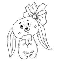 Cute bunny girl with heart in her paws. Vector illustration in hand drawn doodle style