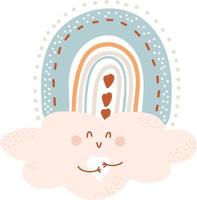 Cute cloud and beautiful rainbow. Vector illustration in Scandinavian style. Hand drawing for childrens collection, decor and design