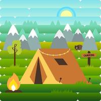 Ilustración de paisaje de día soleado en estilo plano con carpa, fogata, montañas, bosques y montañas. Fondo para campamento de verano, turismo de naturaleza, camping o concepto de diseño de senderismo. vector