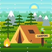 Ilustración de paisaje de día soleado en estilo plano con carpa, fogata, montañas, árboles y montañas. antecedentes para el campamento de verano, el turismo de naturaleza, el concepto de diseño de camping o senderismo vector