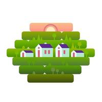 An isolated element, a landscape with small houses, against a background of grass, nature, hills and sunset. Vector illustration in flat style for design, games or web sites