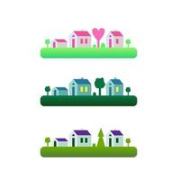 un conjunto de elementos aislados, paisaje con casitas, sobre césped, naturaleza, colinas y árboles. ilustración vectorial en estilo plano para diseño, juegos o sitios web vector