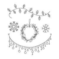 Doodle set winter decoration. Linear light bulbs, garland of lanterns, wreath of leaves and snowflakes. Winter Hygge. Vector illustration in Scandinavian, Nordic style. Hand drawn line art