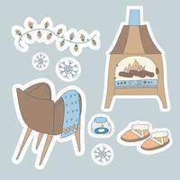 Doodle set Hygge Winter. Linear cozy armchair, Ugg boots, Fireplace, burning candle and garland of lanterns. Vector illustration in Scandinavian, Nordic style. Hand drawn and Sticker design