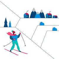 Winter sport Skiing. A person is Skier in the mountain slope in Winter-time day. Mountains resort landscape background. Ski and Sportswear. Flat, geometric and minimalism vector cartoon illustration