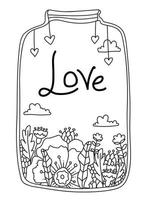 Valentines Day Doodle coloring book page. Glass jar with flowers, hearts and the letteing Love. Vector Lines art design anti-stress for adults and kids. Hand drawn Love Cards