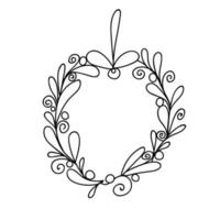 Round wreath of leaves, branches and berries. Lineart. Home decor in a minimalist, Scandinavian, Nordic and cozy Hugge style. Hand drawn linear art illustration for your design. vector