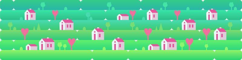 Banner a day landscape with small houses and pink hearts, against a background of grass, nature, hills. Vector illustration in flat style for design, games or web sites