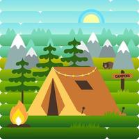 Ilustración de paisaje de día soleado en estilo plano con carpa, fogata, montañas, bosques y montañas. Fondo para campamento de verano, turismo de naturaleza, camping o concepto de diseño de senderismo. vector