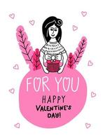 Unwrapping pleasant surprise. A young girl holding a gift. Doodle Card with Lettering For You and Happy Valentines Day. Love poster and postcard. Hand drawn line art vector illustration