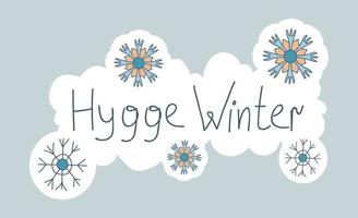 Letras de doodle higge de invierno en marco nublado con copos de nieve. ilustración vectorial en estilo escandinavo y nórdico. dibujado a mano y diseño de pegatinas. vector