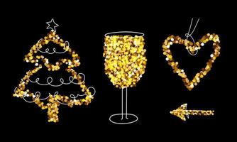 Christmas Gold Glitter Set, Champagne, tree, arrow, heart. Merry Christmas and New Year holiday elements for a card, poster, website, banner. Glittery vector illustration