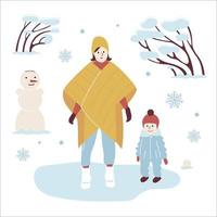 mamá y bebé en un paseo de invierno en ropa de abrigo de moda caminando en el parque con un muñeco de nieve, copos de nieve y árboles nevados. niñera y niño pequeño. ilustración vectorial en estilo plano vector