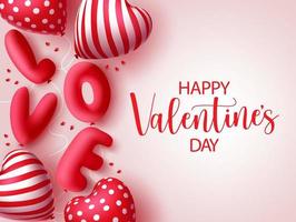 plantilla de banner de vector de San Valentín. Texto de saludo de feliz día de San Valentín en un espacio vacío para mensajes de San Valentín con amor realista en 3D y elementos de globo en forma de corazón. ilustración vectorial