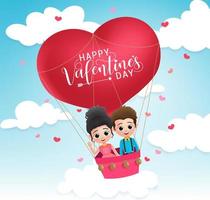 Valentine couple characters vector concept. Valentines lovers riding and dating in heart shape flying balloon with happy valentines day text. Vector illustration.