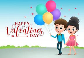 Valentines couple dating character vector background design. Valentine lovers character holding hands and walking in park holding colorful balloons element. Vector illustration.