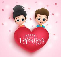 Valentine character vector banner design. Valentines couple characters holding heart shape element with happy valentines day greeting typography in pink background. Vector illustration.