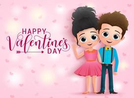 Valentines character vector concept background. Happy valentines day typography greeting  with lovers cartoon characters happy smiling and waving in pink with hearts background. Vector illustration.