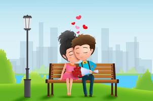 Valentine couple dating vector characters. Valentines lovers characters in love, kissing and dating in park background. Vector illustration.