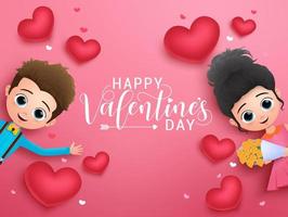 Valentines greeting vector background template. Happy valentines day typography text with valentine couple character and heart elements in pink background. Vector illustration.