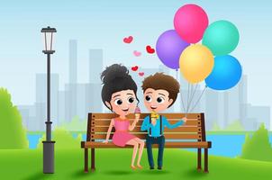 Valentine character dating vector background design. Valentines couple characters sitting and eating ice cream with colorful balloons in park background. Vector illustration.