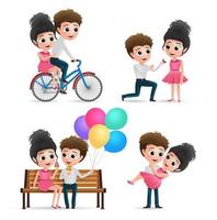 Valentine couple vector characters set. Lovers valentines character in dating, bicycle riding , proposing, sitting and eating ice cream isolated in white background. Vector illustration.