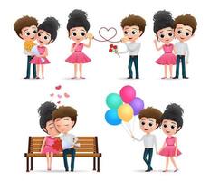 Valentines couple vector characters set. Valentine lovers characters in love dating in kissing, hugging, calling, waving and walking isolated in white background. Vector illustration.