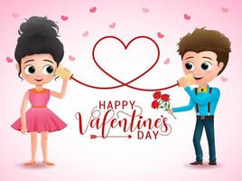 Valentines couple character vector design. Happy valentines day greeting  typography with couple cartoon characters calling in can telephone with heart shape rope in pink background.