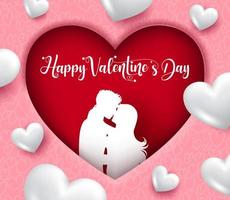 Valentine's couple vector background concept. Happy valentine's day text with lovers paper cut character kissing with heart element for valentines date design. Vector illustration