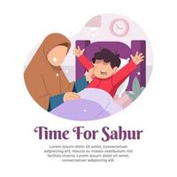 illustration of waking up a child for sahur in the month of ramadan vector