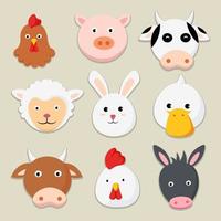 animales de granja, caricatura, iconos, conjunto, de, pollo, cerdo, vaca, oveja, conejo, pato, toro, pollito, burro, vector, ilustración vector