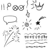 Doodle conjunto de elementos, negro sobre fondo blanco. flecha, corazón, amor, estrella, hoja, sol, luz, flor, corona, rey, reina, swishes, swoops, énfasis, remolino, corazón, para el diseño de concepto. estilo handdrawn vector