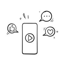 hand drawn doodle mobile video play, social media share icon vector