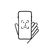 Dibujado a mano doodle teléfono móvil con identificación facial o vector de ilustración de reconocimiento facial
