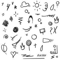 Abstract hand drawn vector symbols set. Hearts, circles, doodles pack with Geometric shapes and marker scribbles, Ink, pencil, brush smears. Spot, cross, arrow, leaf doodle cartoon