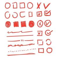 Doodle check marks and underlines. Hand drawn red strokes and pen markings V marks for list items vector