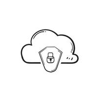 Dibujado a mano doodle nube y símbolo de candado para protección cibernética y seguridad icono ilustración vectorial vector