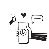 hand drawn doodle mobile video play, social media share icon vector