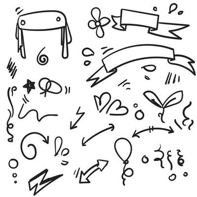 Abstract doodle arrows, ribbons and other elements in hand drawn style for concept design vector