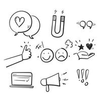 hand drawn doodle set of feedback icons, research, comment, review, customer, survey, social media isolated background vector