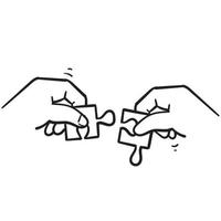 hand drawing of hands solving jigsaw puzzle illustration in doodle style vector