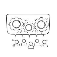 hand drawn doodle gears and people symbol for teamwork icon illustration vector isolated