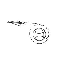 hand drawn doodle globe and paper plane track symbol for journey illustration isolated vector