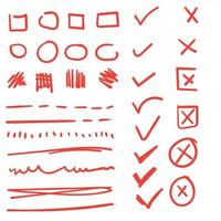 Doodle check marks and underlines. Hand drawn red strokes and pen markings V marks for list items vector