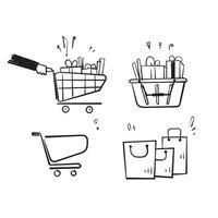 dibujado a mano doodle conjunto de vector de colección de iconos de carrito de compras aislado