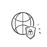 hand drawn doodle globe and padlock symbol for data protection vector isolated