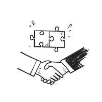 hand drawn doodle handshake and puzzle symbol for strategic partnership illustration vector