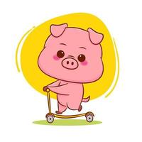 Cute pig riding scooter cartoon character isolated hand drawn style vector