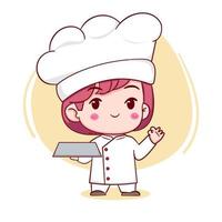 Cute chef girl holding empty plate chibi style isolated vector