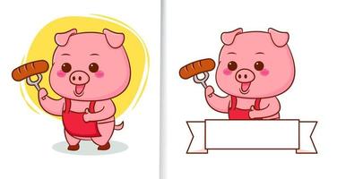 Cute pig chef with sausage. Hand drawn style isolated background vector